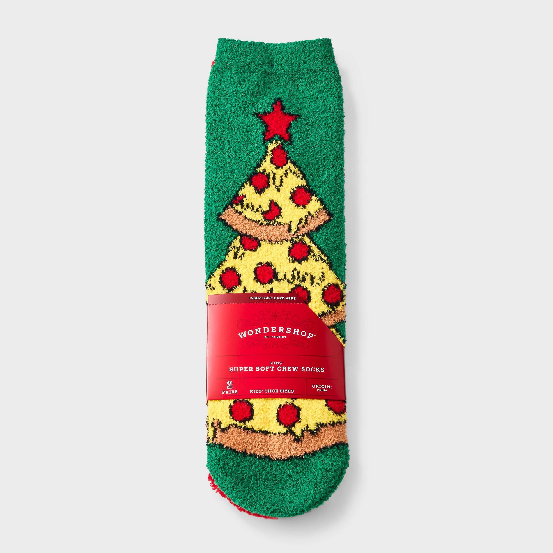 Kids' 2pk Pizza Christmas Tree Cozy Crew Socks with Gift Card Holder - Wondershop™ Green