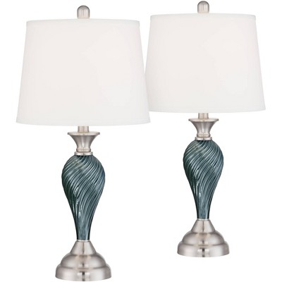 Regency Hill Coastal Table Lamps 25" High Set of 2 Green Blue Glass Twist Column Steel Base Empire Shade for Living Room Family Bedroom