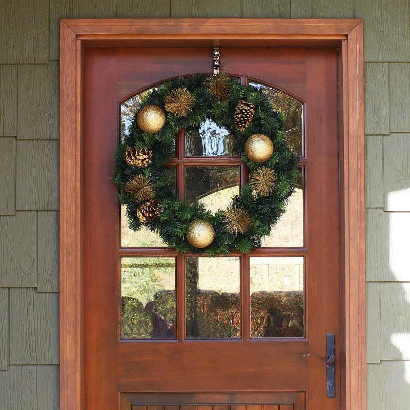Sunnydaze Indoor/Outdoor Artificial Unlit Christmas Holiday Wreath with Golden Baubles and Pinecones - 24" - Green, 2 of 7