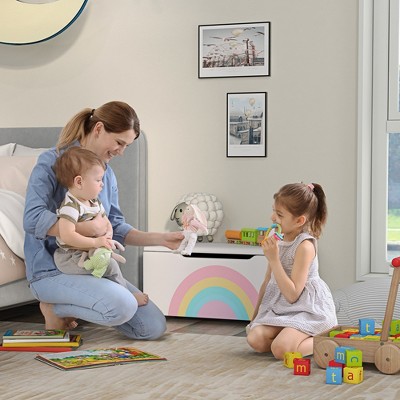 White Kids' Toy Storage Bench with Rainbow Graphic