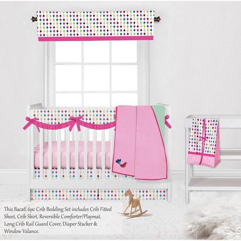 Bacati - Botanical Floral Birds Pink Multicolor 6 pc Crib Bedding Set with Long Rail Guard Cover, 3 of 12