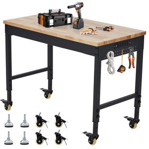 Adjustable Workbench 2000 Lbs Capacity, Rubber Wood Table Heavy Duty Workstation with Hardwood Top, Power Outlets,Metal Frame,Swivel Casters - 1 of 4