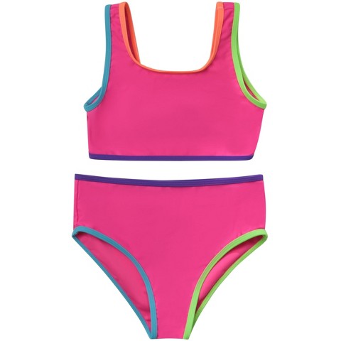 Just Love Girls’ UPF 50+ 2-Piece Bikini Swimsuit Set – Neon, Tie-Dye & Ombre Styles for Kids (Bright Fuchsia With Neon Trim, 10-12 Years)