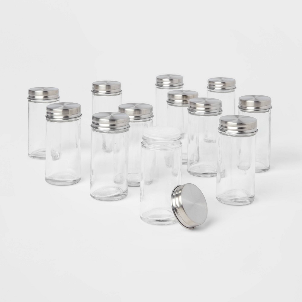 2oz 12pk Round Spice Jar Set - Threshold™: Glass Condiment Servers, Hand Wash, Traditional Style, Clear, 2.7 Volume Capacity