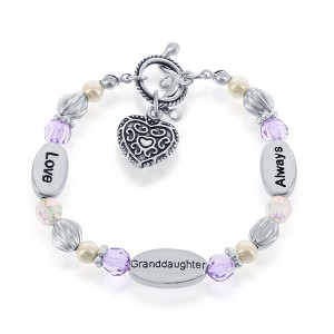 Bella Silver Silvertone 6.5" Love, Granddaughter, Always' w/ Purple Crystal & White Pearl Beads Bracel - Purple - 6.5 Inch - 1 of 3