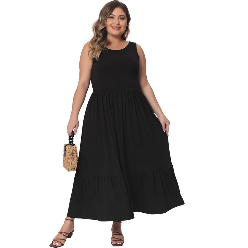 Agnes Orinda Women's Plus Size Round Neck Sleeveless Casual Tiered with Pockets Ruffle Maxi Sundresses, 3 of 5