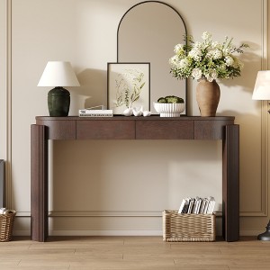 Solid Wood + MDF Entryway Console Table with Oval Top, Fluted Legs, 2 Storage Drawers and Natural Wood Grain Veneer - 1 of 4