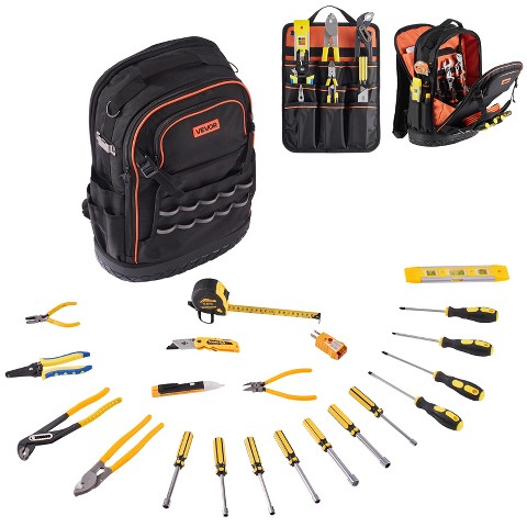 VEVOR Tool Backpack with Tools, 65 Pockets, Heavy-duty Tools Storage Organizer Bags with Laptop Compartment & Molded Base, Black+Orange