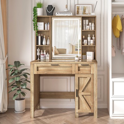 USIKEY Farmhouse Makeup Vanity Desk with Mirror and Lights, Glass Tabletop Makeup Vanity with Adjustable Shelves for Bedroom, Maple