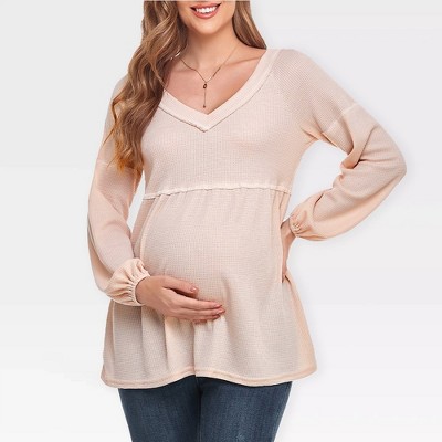 Maternity Sweater V Neck Long Sleeve Peplum Tops Fall Outfits for Maternity Cozy Waffle Knit Sweater Midweight Babydoll Smock Tops