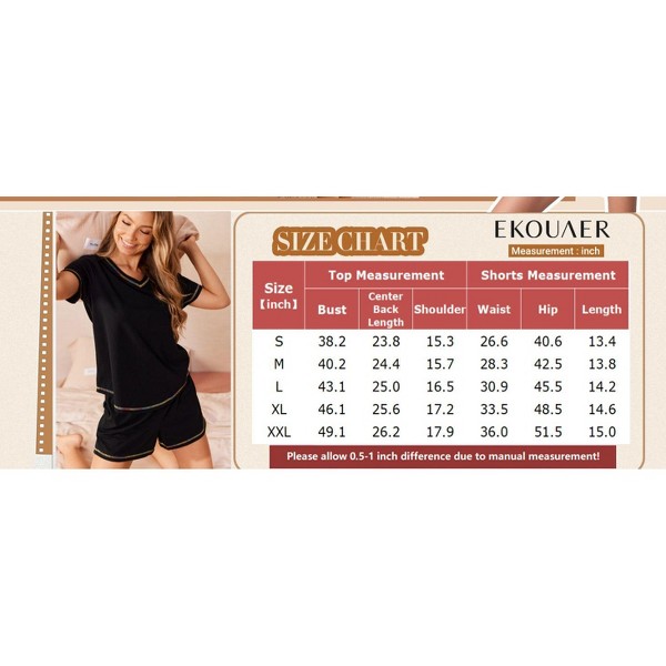 Conjunto de Pijama de Algodón 95% de Manga Corta con Bolsillos de 2 Piezas para Mujer - Ekouaer 7