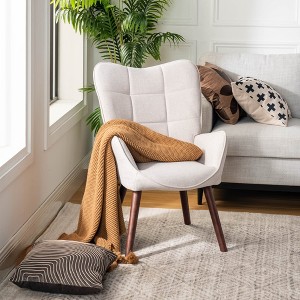 FurnitureR Tufted Wingback Accent Chair for Bedroom/Lounge, Leisure Armchairs High Back Ergonomic, Fabric Upholstered Living Room Chair Beige/Walnut - 1 of 4