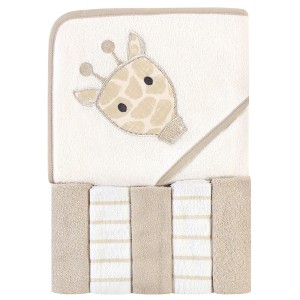 Hudson Baby Infant Unisex Hooded Towel and Five Washcloths, Modern Giraffe, One Size - 1 of 2