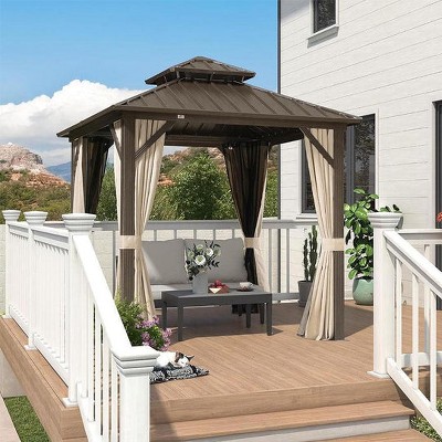 PURPLE LEAF Outdoor Hardtop Gazebo Metal Frame Galvanized Steel Double Roof with Curtains and Nettings for Patio Desk Backyard Bronze