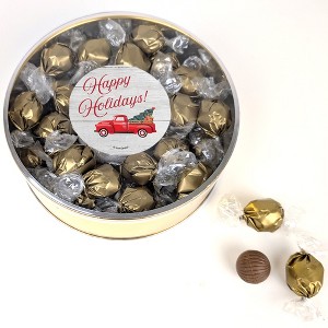 Happy Holidays Red Truck Gift Tin Filled With Milk Chocolate Dubai Truffle Candies For Christmas Gifting, Holiday Party Giveaways & More - 1 of 4