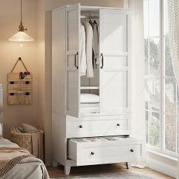 Armoire Wardrobe Closet with 2 Drawers,72" Wooden Tall Clothing Wardrobe Cabinet with Hanging Rod, Armoire with Doors Adjustable Shelves for Bedroom