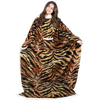 Tirrinia Tiger Print Fleece Wearable Blanket for Adult Women and Men, Super Soft Comfy Warm Plush Throw with Sleeves TV Blanket Wrap Robe Cover