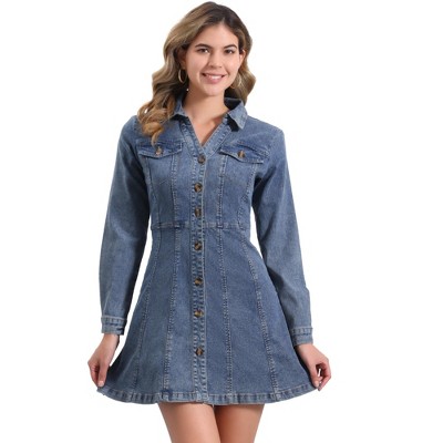 Allegra K Women's Button Down Collar V Neck Long Sleeve A-line Denim Dress