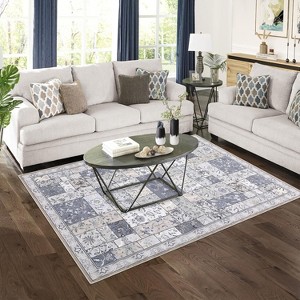 Washable Boho Area Rug for Living Room, Low Pile Vintage Plaid Carpet, Indoor Neutral Accent Rug for Bedroom or Home Office - 1 of 4
