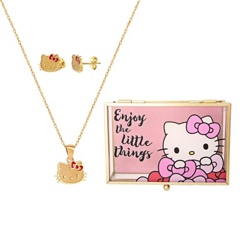 Sanrio Hello Kitty Glass Jewelry Box, 10k Gold Stud Earrings and Necklace  Jewelry Set - Authentic, Officially Licensed