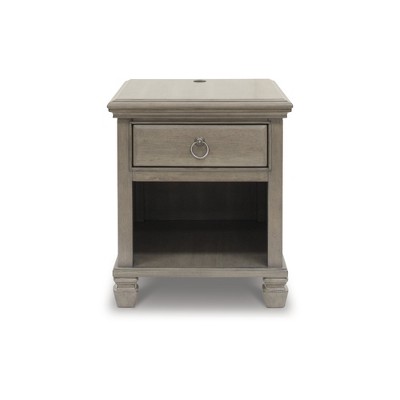 Gray Rectangular Wooden End Table with Storage and USB Ports