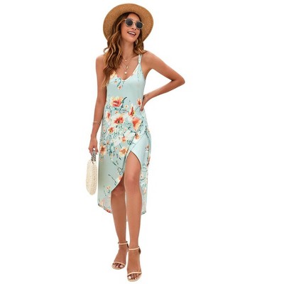 WhizMax Women 2024 Summer Adjustable V Neck Wrap Floral Dress with Irregular Hemline Sleeveless Spaghetti Strap Midi Dress