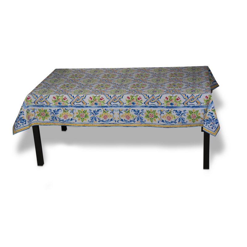 tagltd 84" x 60" Capri Tablecloth Cotton Table Topper With Hand Screen Printed Design Floral Design For Dining Table Decor, 2 of 4