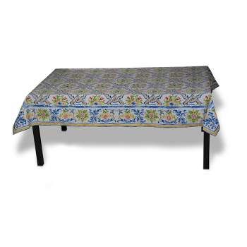tagltd 84" x 60" Capri Tablecloth Cotton Table Topper With Hand Screen Printed Design Floral Design For Dining Table Decor