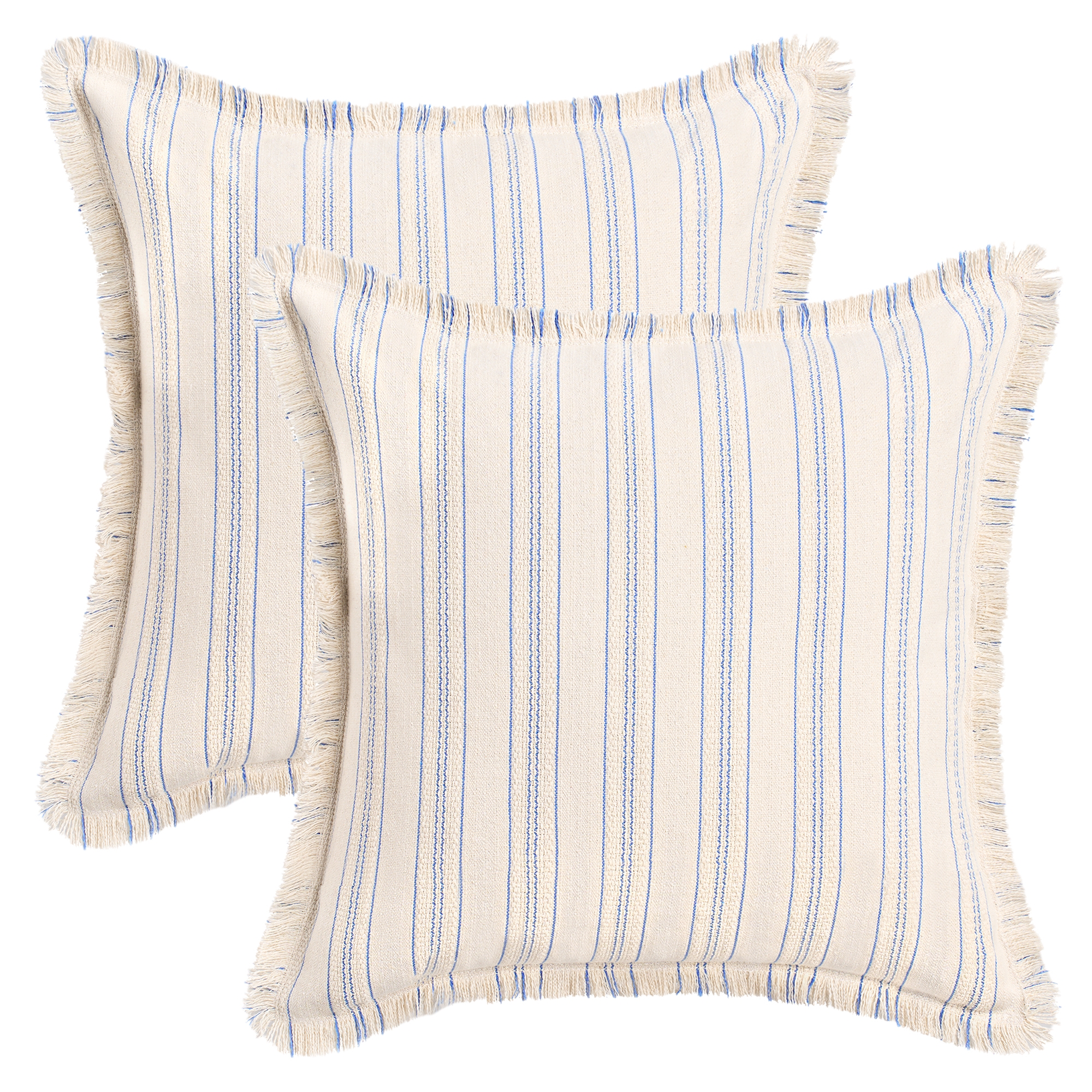 REGALWOVEN Striped Decorative with Tassel Edge Modern Neutral Throw Pillow Covers 18 x 18 Inch Pack of 2 Blue