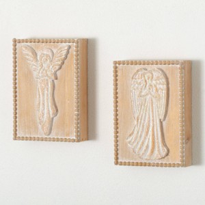 8.25" Sullivans Christmas Rustic Angels Wall Decor Set of 2, White-Brown - 1 of 3
