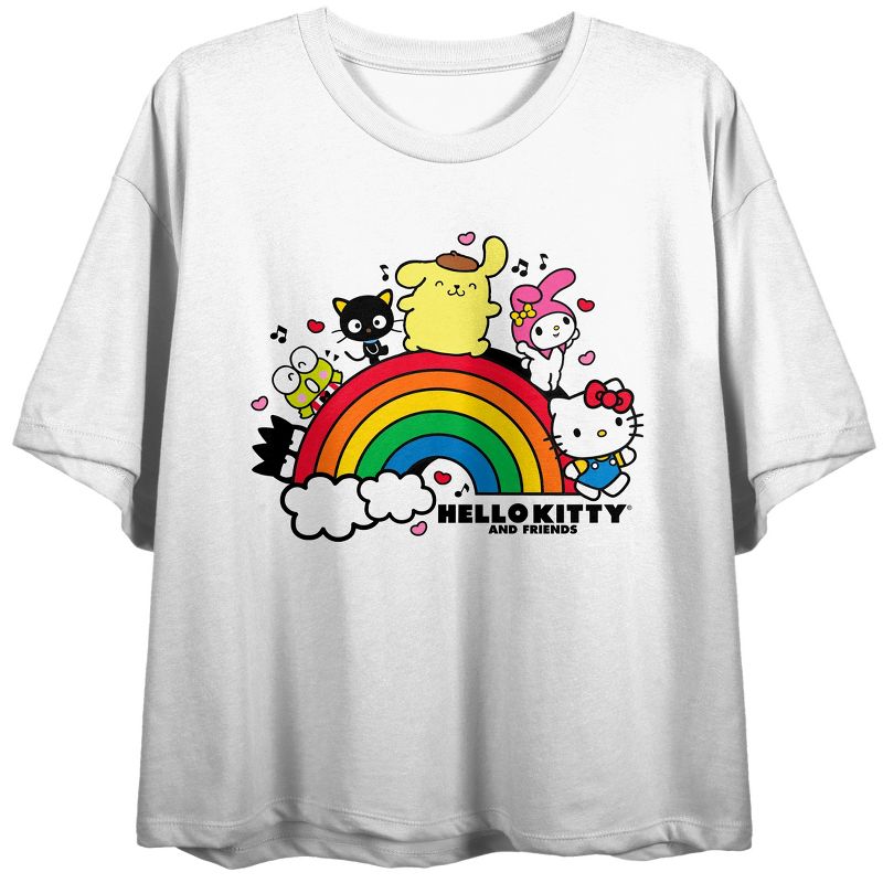 Hello Kitty Rainbow Group Art Women's White Crop T-shirt, 1 of 2