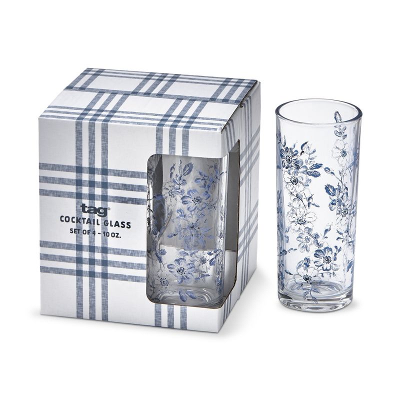 TAG Set of 4 Blue Floral Cottage Floral Drinks Clear Glass Drinkware 10 oz., 1 of 3