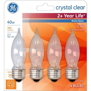 GE 40W 4pk CAM Long Life Incandescent Chandelier Light Bulb White: 360 Lumens, Dimmable, E26 Base, 2600K, Decorative Use - 1 of 4