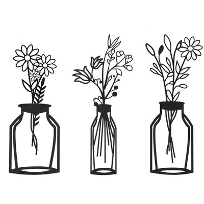 Brewster (Set of 3) Wazon Black Botanical Vases Metal Wall Arts: Contemporary Iron Sculptures, Vertical Display