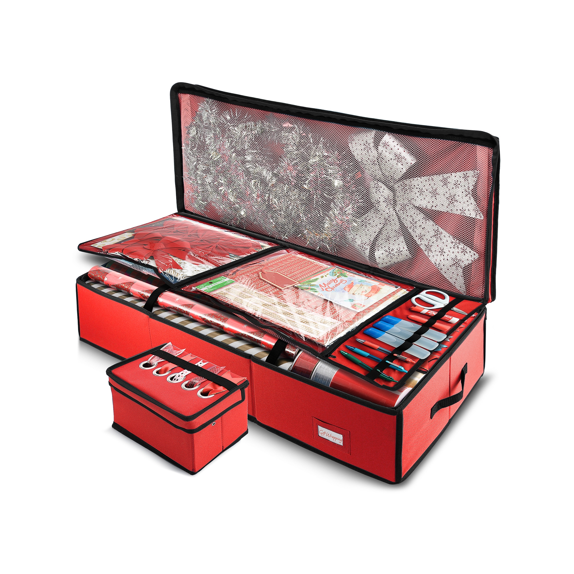 Hearth & Harbor Wrapping Paper Storage Container with Ribbon Storage Organizer - Christmas Gift Wrapping Organizer Storage with Extra Flap - Red