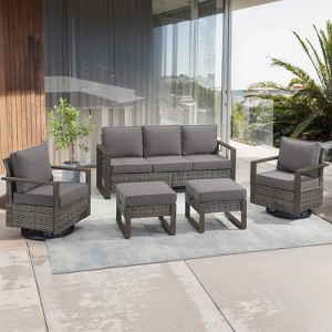 POCASSY 5 Piece Outdoor Sofa Couch Set with Swivel Patio Chairs and Ottomans, All Weather Wicker and Olefin Cushion Cover Outdoor Patio Furniture Set - 1 of 4