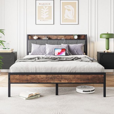 CAVINAS Twin Size Bed Frame, Metal Bed Frame with Storage Headboard & Charging Station, Noise Free