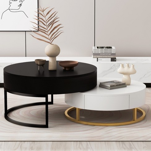 Modern Nesting 31.5 in. Golden White Round MDF Lift-top Coffee Table with  Drawers YYmd-CA-16 - The Home Depot