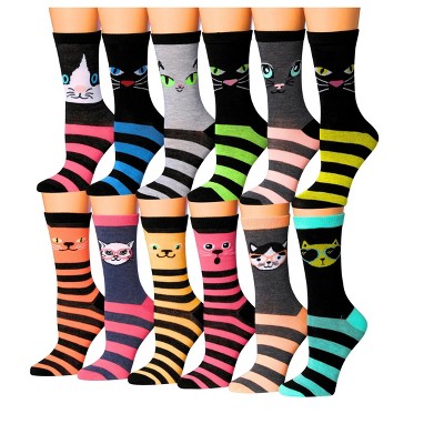 Tipi Toe Women's 12 Pairs Lightweight Colorful Whisker Stripes Patterned Crew Socks