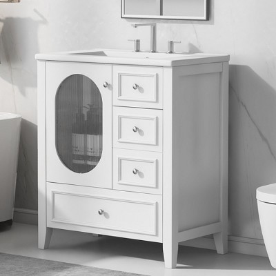 NicBex 30" Bathroom Storage Cabinet with Sink, Bathroom Vanity, 1 Glass Cabient Door, 3 Drawers for Bathroom
