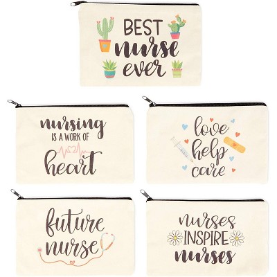Sparkle and Bash 5-Pack Canvas Makeup Bags for Nurse Appreciation Gifts, Cosmetic Pouches (9" x 6")