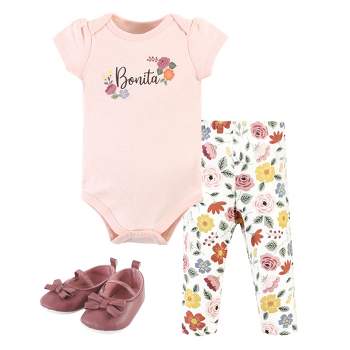 Hudson Baby Infant Girl Cotton Bodysuit, Pant and Shoe Set, Bonita Short Sleeve