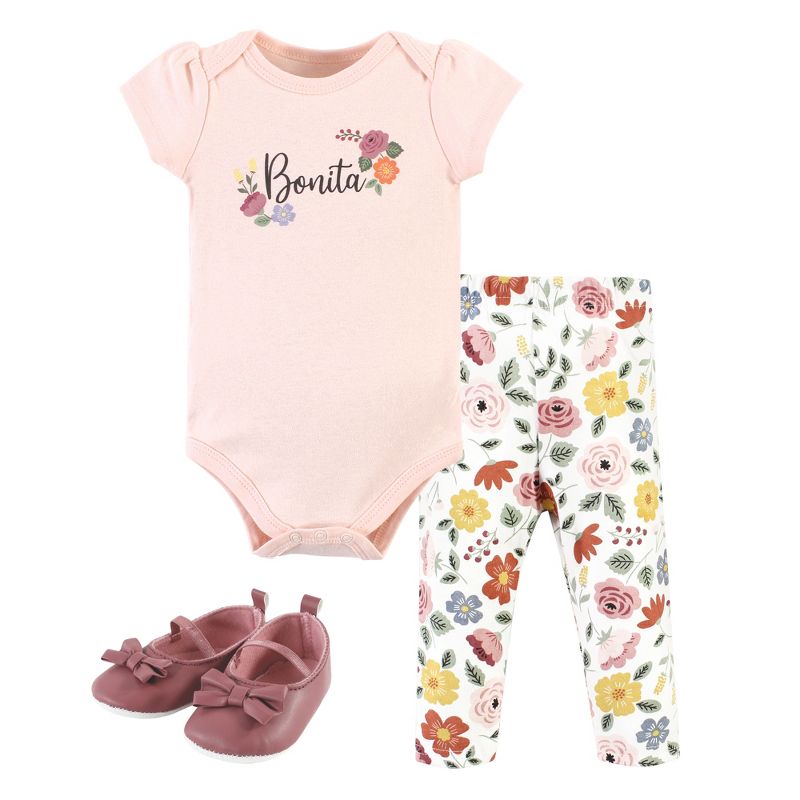 Hudson Baby Infant Girl Cotton Bodysuit, Pant and Shoe Set, Bonita Short Sleeve, 1 of 6