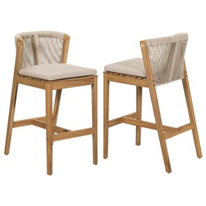 Set of 2 Outdoor Bar Stools, Teak Finish Acacia Wood Bar Stools with Rope Back and Cushion, Patio Bar Stools for Deck or Garden-Koiai - 1 of 4