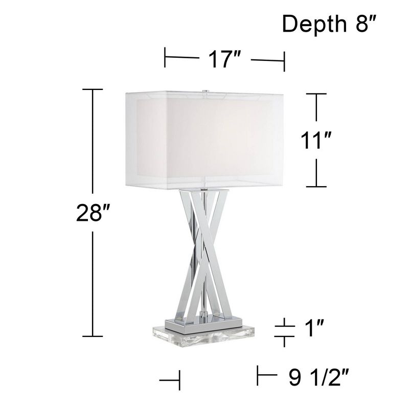 Possini Euro Design Proxima Modern Table Lamp with Acrylic Riser 28" Tall Chrome Sheer Outer White Inner Rectangular Shade for Bedroom Living Room, 4 of 8
