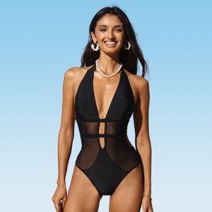 Women's Chic Mesh Plunging Halter One-Piece Swimsuit -Cupshe - 1 of 4