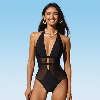 Women's Mesh Plunging Halter One Piece Swimsuit - Cupshe