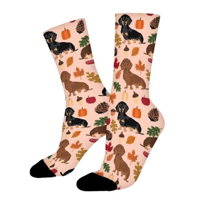 Dachshund Autumn Leaves Women Printed Crew Socks Funny Funky Socks Soft Polyester Novelty Gifts for Artists Men