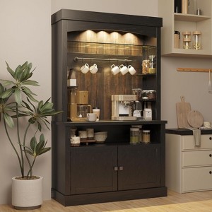 Coucheta Tall Coffee Hutch Coffee 72" Tall Bar Cabinet with LED Lights Farmhouse Buffet Cabinet with Storage Kitchen Sideboard - 1 of 4