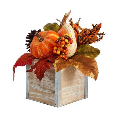 8'' Fall Pumpkin and Pinecones Artificial Arrangement in Weathered Wood Vase